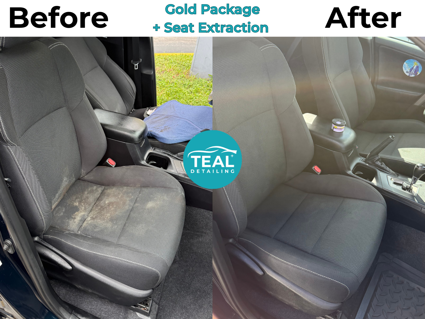 Vehicle interior after professional detailing — clean leather seats and spotless carpet by Teal Detailing