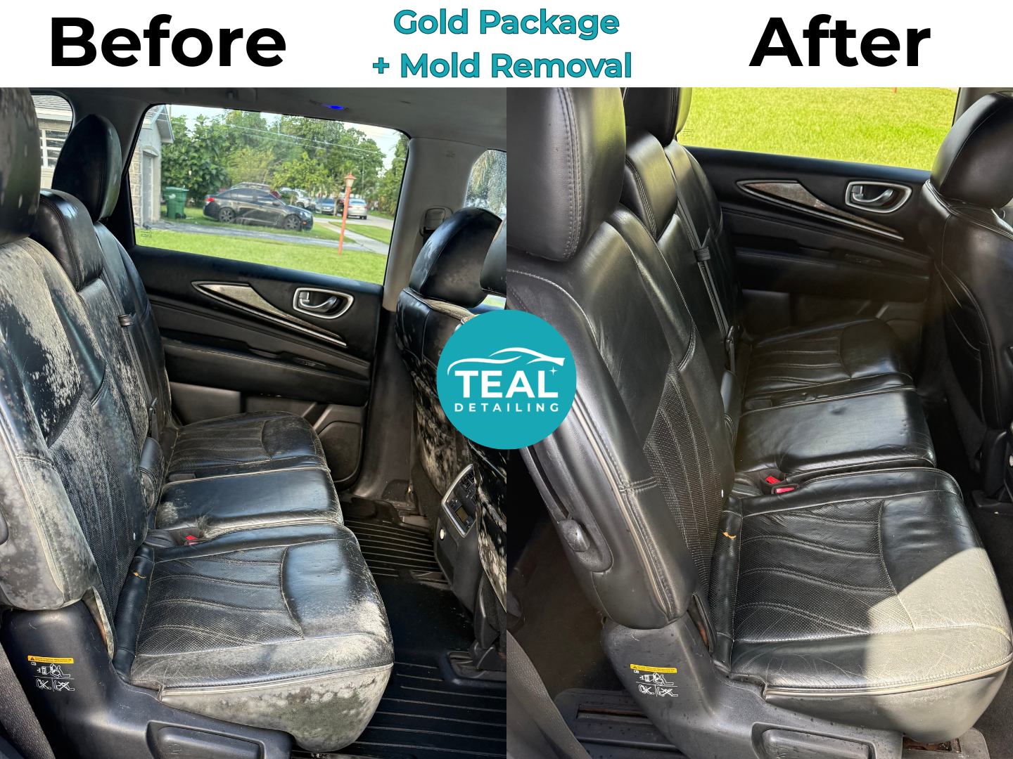 Car cabin after interior deep clean — pristine dashboard, conditioned leather, and fresh carpet by Teal Detailing