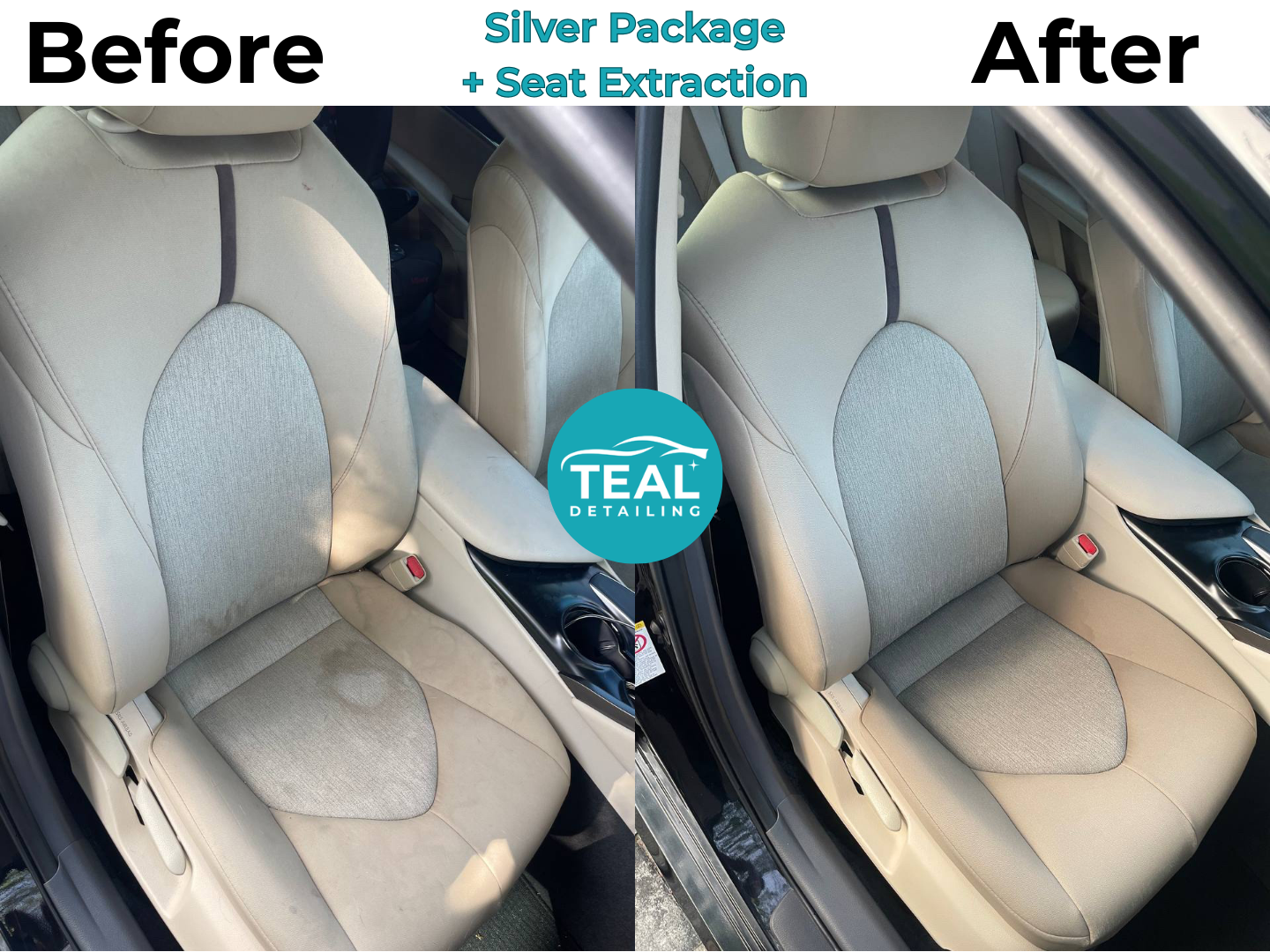 Vehicle interior before professional detailing — stained upholstery and dirty floor mats